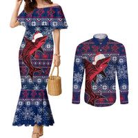 Samoa Manuia Le Kirisimasi Couples Matching Mermaid Dress and Long Sleeve Button Shirts Samoan Fishing Tribal Pattern Christmas Vibe LT9 Red - Polynesian Pride