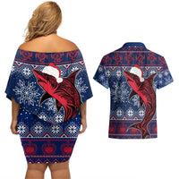 Samoa Manuia Le Kirisimasi Couples Matching Off Shoulder Short Dress and Hawaiian Shirt Samoan Fishing Tribal Pattern Christmas Vibe LT9 - Polynesian Pride