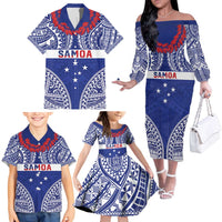 Personalised Toa Samoa Rugby Spirit Family Matching Off The Shoulder Long Sleeve Dress and Hawaiian Shirt Blue Samoan Tribal Pattern LT9 - Polynesian Pride