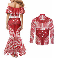 Personalised Toa Samoa Rugby Spirit Couples Matching Mermaid Dress and Long Sleeve Button Shirt Red Samoan Tribal Pattern LT9 - Polynesian Pride
