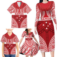 Personalised Toa Samoa Rugby Spirit Family Matching Long Sleeve Bodycon Dress and Hawaiian Shirt Red Samoan Tribal Pattern LT9 - Polynesian Pride