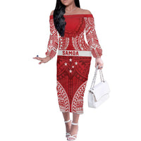 Personalised Toa Samoa Rugby Spirit Family Matching Off The Shoulder Long Sleeve Dress and Hawaiian Shirt Red Samoan Tribal Pattern LT9 Mom's Dress Red - Polynesian Pride
