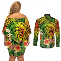 Polynesia Couples Matching Off Shoulder Short Dress and Long Sleeve Button Shirt Pasifika Tribal with Tropical Flowers LT9 - Polynesian Pride
