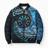 New Zealand Darts Personalised Bomber Puffer Jacket Aotearoa Silver Fern Blue Papua Shell Spirit - Polynesian Pride