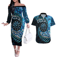 New Zealand Darts Personalised Couples Matching Off The Shoulder Long Sleeve Dress and Hawaiian Shirt Aotearoa Silver Fern Blue Papua Shell Spirit LT9 Blue - Polynesian Pride