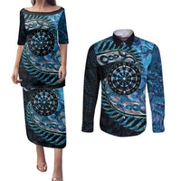 New Zealand Darts Personalised Couples Matching Puletasi and Long Sleeve Button Shirt Aotearoa Silver Fern Blue Papua Shell Spirit LT9 Blue - Polynesian Pride