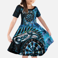 New Zealand Darts Personalised Family Matching Off The Shoulder Long Sleeve Dress and Hawaiian Shirt Aotearoa Silver Fern Blue Papua Shell Spirit LT9 Daughter's Dress Blue - Polynesian Pride