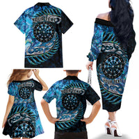 New Zealand Darts Personalised Family Matching Off The Shoulder Long Sleeve Dress and Hawaiian Shirt Aotearoa Silver Fern Blue Papua Shell Spirit LT9 - Polynesian Pride