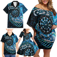 New Zealand Darts Personalised Family Matching Off Shoulder Short Dress and Hawaiian Shirt Aotearoa Silver Fern Blue Papua Shell Spirit LT9 - Polynesian Pride