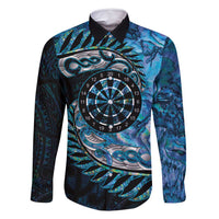 New Zealand Darts Personalised Family Matching Off Shoulder Short Dress and Hawaiian Shirt Aotearoa Silver Fern Blue Papua Shell Spirit LT9 Dad's Shirt - Long Sleeve Blue - Polynesian Pride