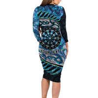 New Zealand Darts Personalised Long Sleeve Bodycon Dress Aotearoa Silver Fern Blue Papua Shell Spirit LT9 - Polynesian Pride