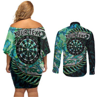 New Zealand Darts Personalised Couples Matching Off Shoulder Short Dress and Long Sleeve Button Shirt Aotearoa Silver Fern Green Papua Shell Spirit LT9 - Polynesian Pride