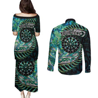 New Zealand Darts Personalised Couples Matching Puletasi and Long Sleeve Button Shirt Aotearoa Silver Fern Green Papua Shell Spirit LT9 - Polynesian Pride
