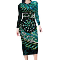 New Zealand Darts Personalised Family Matching Long Sleeve Bodycon Dress and Hawaiian Shirt Aotearoa Silver Fern Green Papua Shell Spirit LT9 Mom's Dress Green - Polynesian Pride