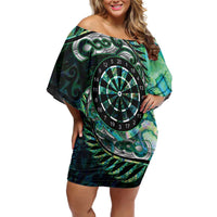 New Zealand Darts Personalised Family Matching Off Shoulder Short Dress and Hawaiian Shirt Aotearoa Silver Fern Green Papua Shell Spirit LT9 Mom's Dress Green - Polynesian Pride