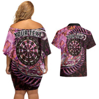 New Zealand Darts Personalised Couples Matching Off Shoulder Short Dress and Hawaiian Shirt Aotearoa Silver Fern Pink Papua Shell Spirit LT9 - Polynesian Pride