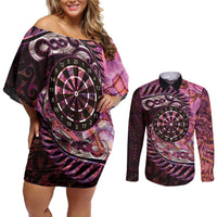 New Zealand Darts Personalised Couples Matching Off Shoulder Short Dress and Long Sleeve Button Shirt Aotearoa Silver Fern Pink Papua Shell Spirit LT9 Pink - Polynesian Pride