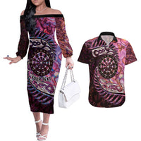 New Zealand Darts Personalised Couples Matching Off The Shoulder Long Sleeve Dress and Hawaiian Shirt Aotearoa Silver Fern Pink Papua Shell Spirit LT9 Pink - Polynesian Pride