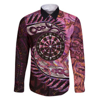 New Zealand Darts Personalised Family Matching Mermaid Dress and Hawaiian Shirt Aotearoa Silver Fern Pink Papua Shell Spirit LT9 Dad's Shirt - Long Sleeve Pink - Polynesian Pride