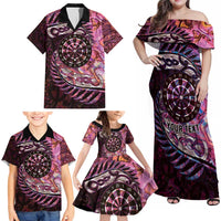 New Zealand Darts Personalised Family Matching Off Shoulder Maxi Dress and Hawaiian Shirt Aotearoa Silver Fern Pink Papua Shell Spirit LT9 - Polynesian Pride