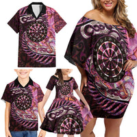 New Zealand Darts Personalised Family Matching Off Shoulder Short Dress and Hawaiian Shirt Aotearoa Silver Fern Pink Papua Shell Spirit LT9 - Polynesian Pride