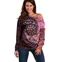 New Zealand Darts Personalised Off Shoulder Sweater Aotearoa Silver Fern Pink Papua Shell Spirit LT9 Women Pink - Polynesian Pride