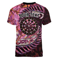 New Zealand Darts Personalised Women V-Neck T-Shirt Aotearoa Silver Fern Pink Papua Shell Spirit