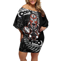 New Zealand Indigenous-Maori Rugby Custom Family Matching Off Shoulder Short Dress and Hawaiian Shirt LT9 Mom's Dress Black - Polynesian Pride