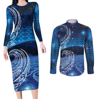 New Zealand Matariki Couples Matching Long Sleeve Bodycon Dress and Long Sleeve Button Shirt Taniko Aramoana With Koru Galaxy Sky Night LT9 Galaxy - Polynesian Pride