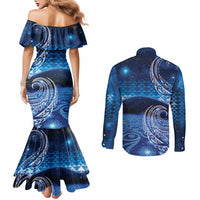 New Zealand Matariki Couples Matching Mermaid Dress and Long Sleeve Button Shirt Taniko Aramoana With Koru Galaxy Sky Night LT9 - Polynesian Pride
