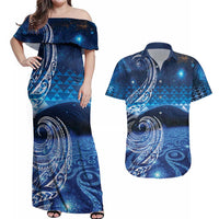 New Zealand Matariki Couples Matching Off Shoulder Maxi Dress and Hawaiian Shirt Taniko Aramoana With Koru Galaxy Sky Night LT9 Galaxy - Polynesian Pride
