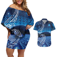 New Zealand Matariki Couples Matching Off Shoulder Short Dress and Hawaiian Shirt Taniko Aramoana With Koru Galaxy Sky Night LT9 Galaxy - Polynesian Pride