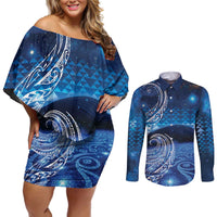 New Zealand Matariki Couples Matching Off Shoulder Short Dress and Long Sleeve Button Shirt Taniko Aramoana With Koru Galaxy Sky Night LT9 Galaxy - Polynesian Pride