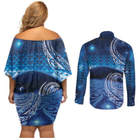 New Zealand Matariki Couples Matching Off Shoulder Short Dress and Long Sleeve Button Shirt Taniko Aramoana With Koru Galaxy Sky Night LT9 - Polynesian Pride