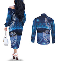 New Zealand Matariki Couples Matching Off The Shoulder Long Sleeve Dress and Long Sleeve Button Shirt Taniko Aramoana With Koru Galaxy Sky Night LT9 - Polynesian Pride