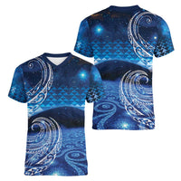 New Zealand Matariki Women V-Neck T-Shirt Taniko Aramoana With Koru Galaxy Sky Night LT9 - Polynesian Pride