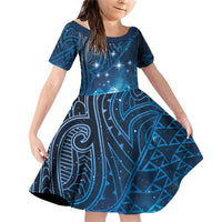New Zealand Matariki Family Matching Off Shoulder Short Dress and Hawaiian Shirt Taniko Aramoana With Maori Galaxy Sky Night LT9 Daughter's Dress Galaxy - Polynesian Pride