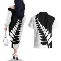New Zealand Silver Fern Niho Taniwha Couples Matching Off The Shoulder Long Sleeve Dress and Hawaiian Shirt LT9 - Polynesian Pride