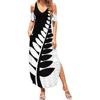 New Zealand Silver Fern Niho Taniwha Family Matching Summer Maxi Dress and Hawaiian Shirt LT9 Mom's Dress Black - Polynesian Pride