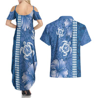 Blue Hibiscus Turle Couples Matching Summer Maxi Dress and Hawaiian Shirt Hawaiian Style Tribal Tapa Pattern