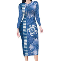 Blue Hibiscus Turle Family Matching Long Sleeve Bodycon Dress and Hawaiian Shirt Hawaiian Style Tribal Tapa Pattern LT9 Mom's Dress Blue - Polynesian Pride