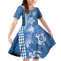 Blue Hibiscus Turle Family Matching Off Shoulder Short Dress and Hawaiian Shirt Hawaiian Style Tribal Tapa Pattern LT9 Daughter's Dress Blue - Polynesian Pride