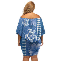 Blue Hibiscus Turle Family Matching Off Shoulder Short Dress and Hawaiian Shirt Hawaiian Style Tribal Tapa Pattern LT9 - Polynesian Pride