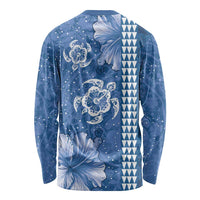 Blue Hibiscus Turle Long Sleeve Shirt Hawaiian Style Tribal Tapa Pattern