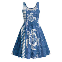 Blue Hibiscus Turle Midi Dress Hawaiian Style Tribal Tapa Pattern LT9 Blue - Polynesian Pride
