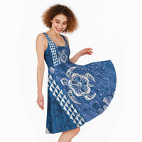 Blue Hibiscus Turle Midi Dress Hawaiian Style Tribal Tapa Pattern LT9 - Polynesian Pride