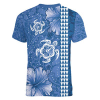 Blue Hibiscus Turle Women V-Neck T-Shirt Hawaiian Style Tribal Tapa Pattern