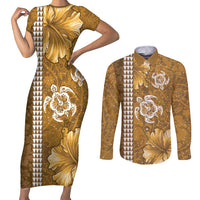 Gold Hibiscus Turle Couples Matching Short Sleeve Bodycon Dress and Long Sleeve Button Shirt Hawaiian Style Tribal Tapa Pattern