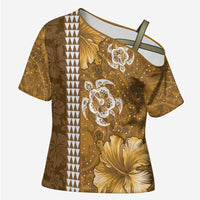Gold Hibiscus Turle Cross Shoulder Shirt Hawaiian Style Tribal Tapa Pattern LT9 Female Gold - Polynesian Pride