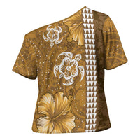 Gold Hibiscus Turle Cross Shoulder Shirt Hawaiian Style Tribal Tapa Pattern LT9 - Polynesian Pride